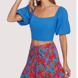 Lost + Wonder Linen Blend Blue Puff Sleeve Crop Top